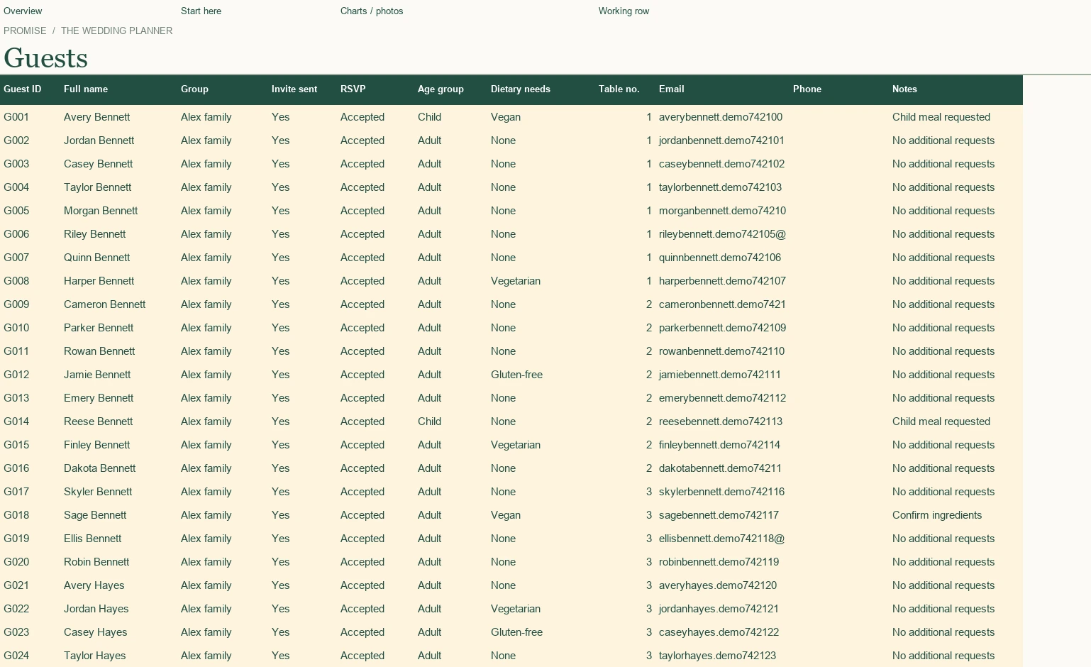Actual Guests & seating Excel worksheet with fictional example data