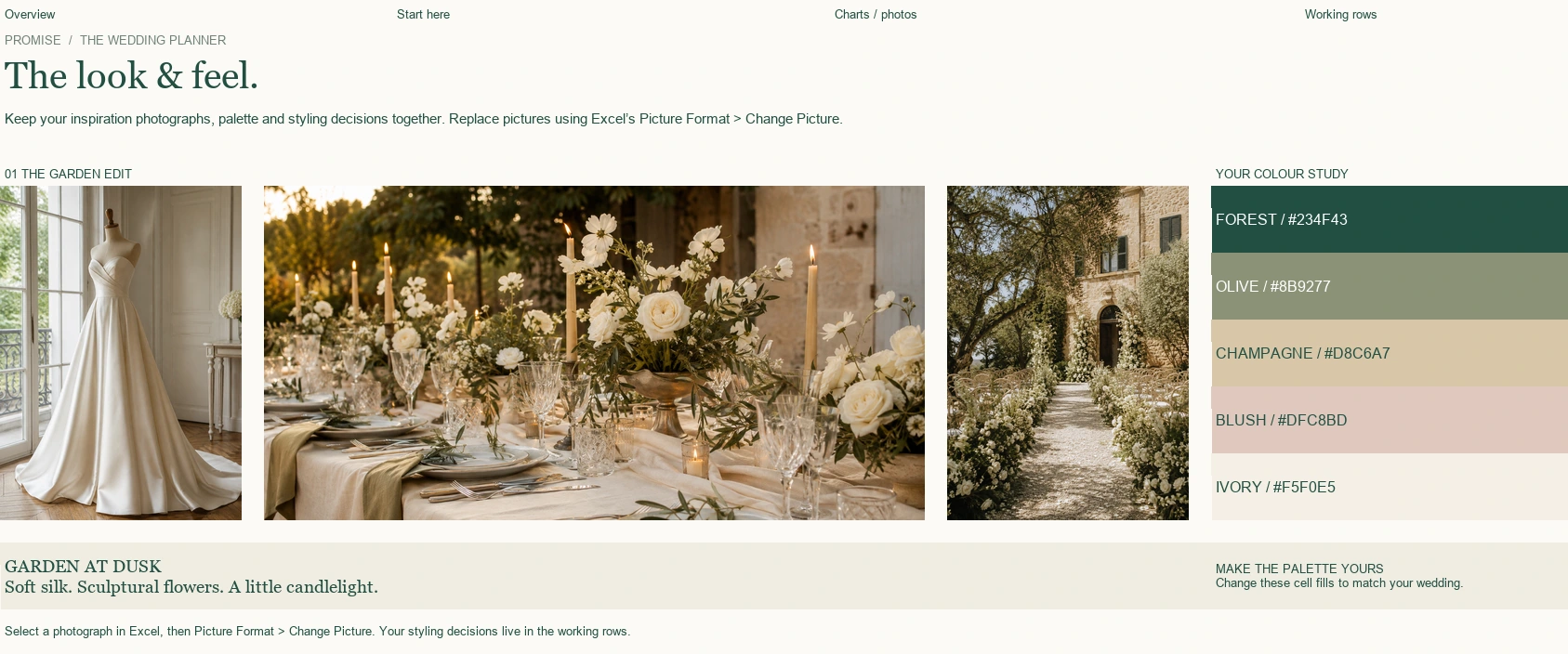 Actual Style & photos Excel worksheet with fictional example data